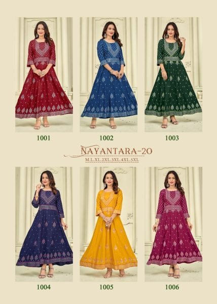 14kg Rayon with  Foil Print Flair Gown Anarkali Kurtis 