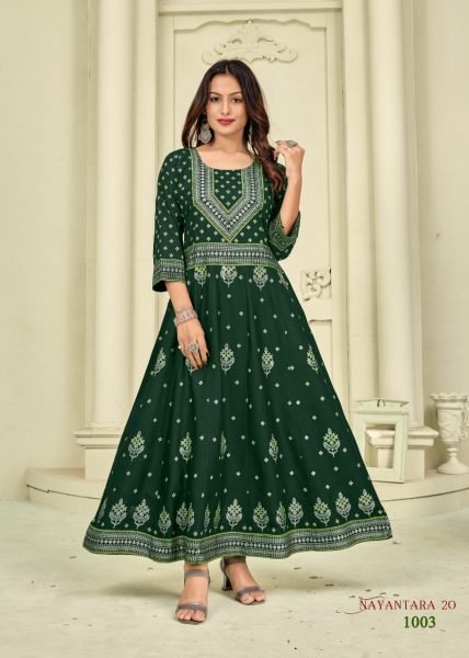 14kg Rayon with  Foil Print Flair Gown Anarkali Kurtis 