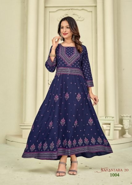 14kg Rayon with  Foil Print Flair Gown Anarkali Kurtis 