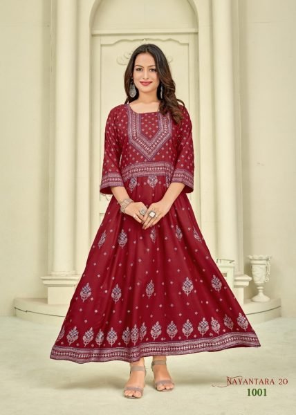 14kg Rayon with  Foil Print Flair Gown Anarkali Kurtis 