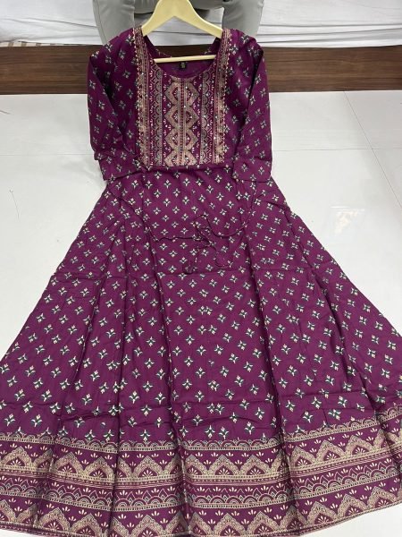 14kg Rayon with Foil Print  Multi Color Foil Print Flair Gown Anarkali Kurtis 