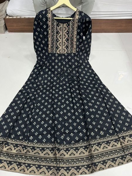 14kg Rayon with Foil Print  Multi Color Foil Print Flair Gown Anarkali Kurtis 