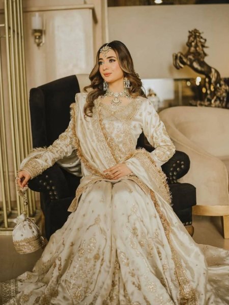 2025 Designer Collection Elegant Half White Chinon Silk Ready To Wear Suit with Detailed Embroidery Work 