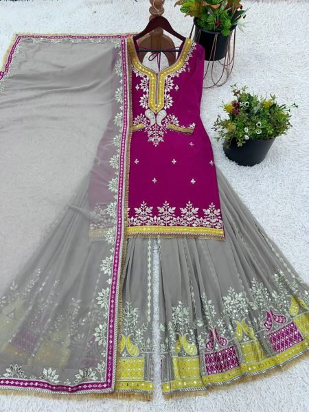 2025 Wholesale Premium Mustard Georgette Sharara Suit Fully Stitched  Heavy Embroidery  Ready to Wear Designer Collection at Affordable Prices Sharara Set