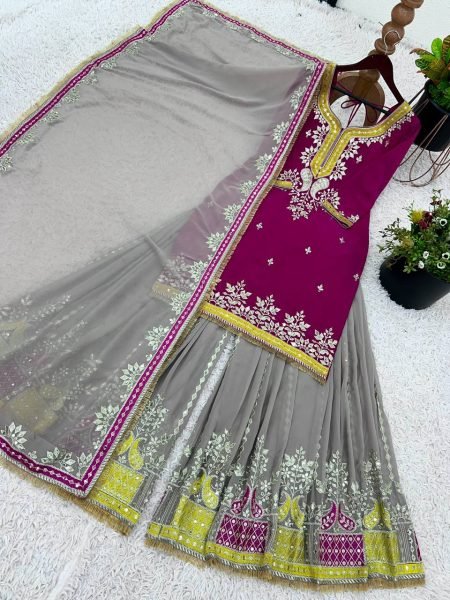 2025 Wholesale Premium Mustard Georgette Sharara Suit Fully Stitched  Heavy Embroidery  Ready to Wear Designer Collection at Affordable Prices Sharara Set