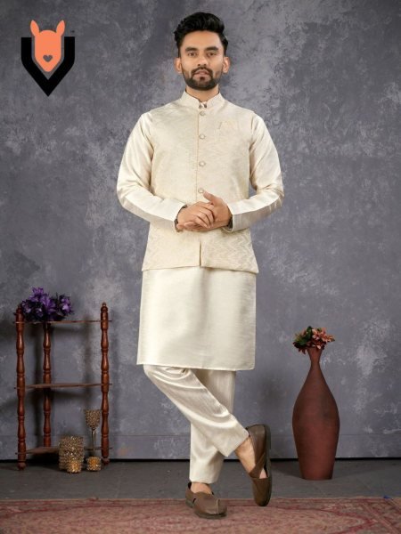 3 Piece Kurta Pajama Koti Set Premium Silk Indian Outfit 