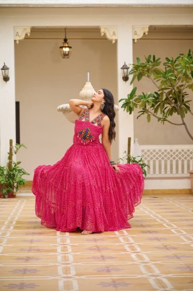 3  Pink Bandhani Mirror Work Gown Fully Stitched Festive Outfit for Ras Garba Nights Navratri Lehnega Choli