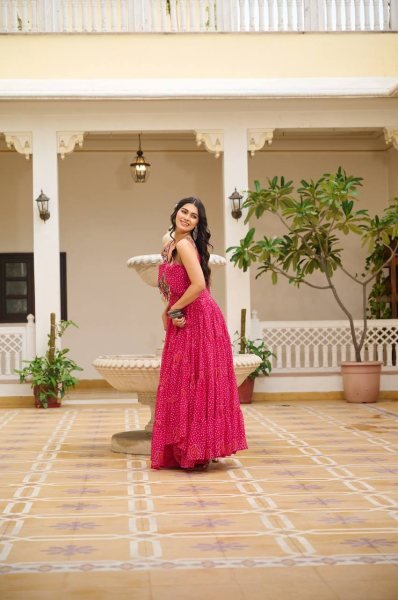 3  Pink Bandhani Mirror Work Gown Fully Stitched Festive Outfit for Ras Garba Nights Navratri Lehnega Choli