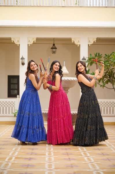 3  Pink Bandhani Mirror Work Gown Fully Stitched Festive Outfit for Ras Garba Nights Navratri Lehnega Choli