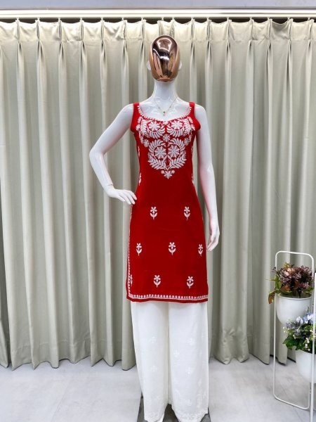 Deep Red Embroidered Kurti with White Palazzo Classic Festive Pairing with Bold Flair Lucknowi Chikankari Kurtis Wholesale