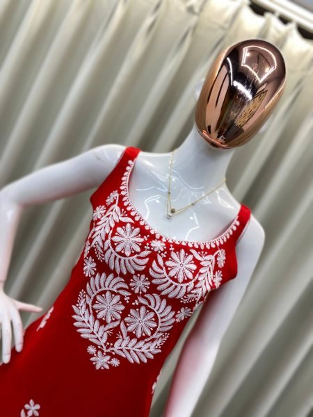 Deep Red Embroidered Kurti with White Palazzo Classic Festive Pairing with Bold Flair Lucknowi Chikankari Kurtis Wholesale