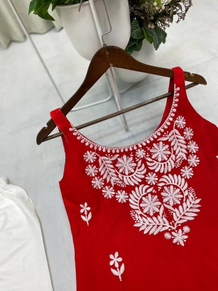 Deep Red Embroidered Kurti with White Palazzo Classic Festive Pairing with Bold Flair Lucknowi Chikankari Kurtis Wholesale