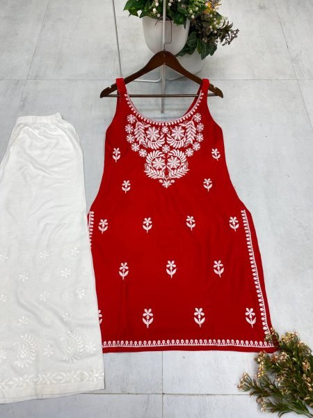 Deep Red Embroidered Kurti with White Palazzo Classic Festive Pairing with Bold Flair Lucknowi Chikankari Kurtis Wholesale