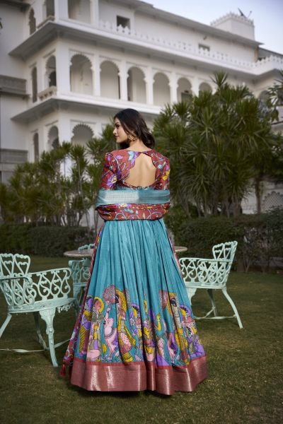 A exquisite Tussar Silk Lehenga Set with Perfect Firozi patola print design Ceremonial Wear  Navratri Lehnega Choli