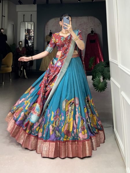 A exquisite Tussar Silk Lehenga Set with Perfect Firozi patola print design Ceremonial Wear  Navratri Lehnega Choli