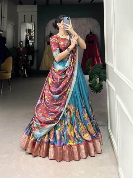 A exquisite Tussar Silk Lehenga Set with Perfect Firozi patola print design Ceremonial Wear  Navratri Lehnega Choli