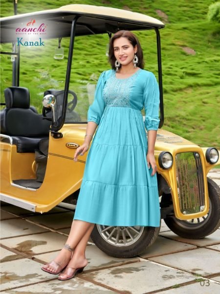 Aanchi Kanak Stylish Embroidered Flared Kurtis in Roman Silk Set to Set Offer Full Set Kurti