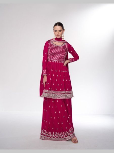 Aashirwad Creation Rani Pink Silk Plazzo Suits Collection  Designer Plazzo Salwar Suits Wholesale