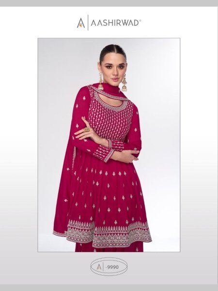 Aashirwad Creation Rani Pink Silk Plazzo Suits Collection  Designer Plazzo Salwar Suits Wholesale