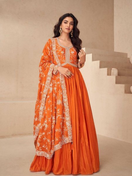 Aashirwad Orange Chinnon Silk Party Gown Wedding and Festival Wear for Girls Salwar Kameez
