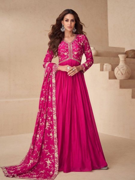 Aashirwad Pink Chinnon Silk Gown Set for Women Party Wear and Wedding Look Salwar Kameez