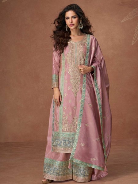 Aashirwad Tashi Organza Silk Palazzo Suit with Luxe Embroidery Crafted for Celebratory Moments 