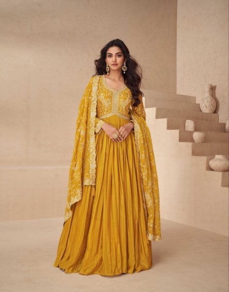 Aashirwad Yellow Chinnon Silk Gown Set Elegant Indian Party Dress for Ladies Anarakali Gown Wholesale