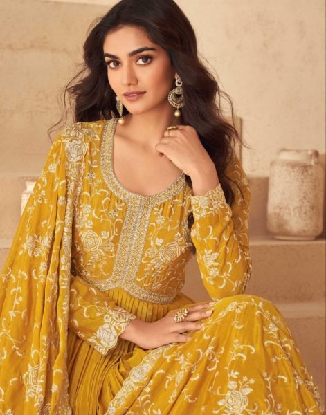Aashirwad Yellow Chinnon Silk Gown Set Elegant Indian Party Dress for Ladies Anarakali Gown Wholesale