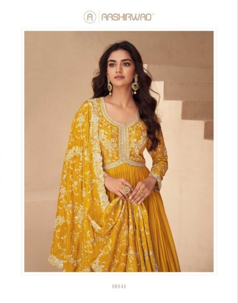 Aashirwad Yellow Chinnon Silk Gown Set Elegant Indian Party Dress for Ladies Anarakali Gown Wholesale