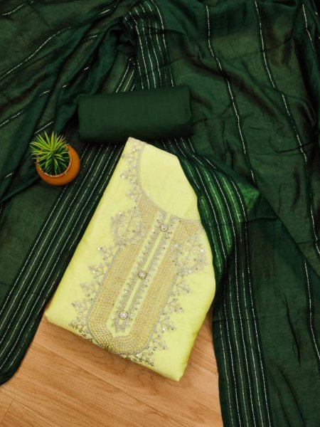 Adorable Heavy rayon Yellow Color Dress Material with A Durable Heavy Cotton Bottom And Dupatta 