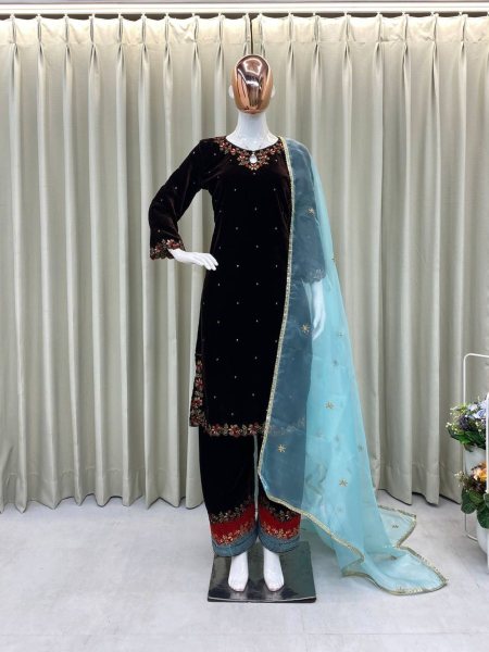 Adorable Heavy Velvet Suit Set and  Emboridery Sequence Work with organza Dupatta Ready To Wear Suit