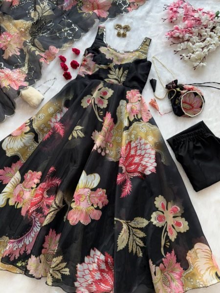 Adorned Black Gmy Organza Silk Digital Printed Anarkali with Batwa Bag for Office Wear 