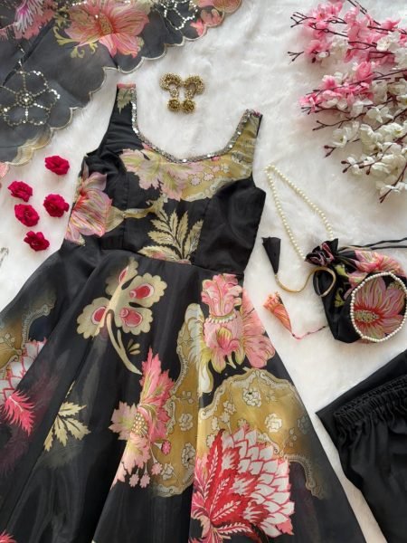 Adorned Black Gmy Organza Silk Digital Printed Anarkali with Batwa Bag for Office Wear Anarkali Kurtis 