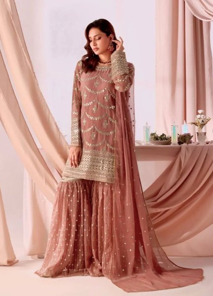 Adorned Peach Georgette Sequin Embroidered Sharara Suit with Lace Dupatta for Festive Wear Ready To Wear Collection