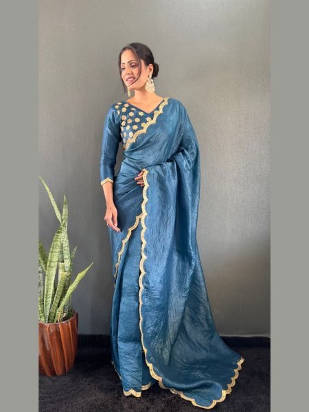 Affordable Gold Crush Silk Saree with Gota Work Blouse –4 Colors Available 
