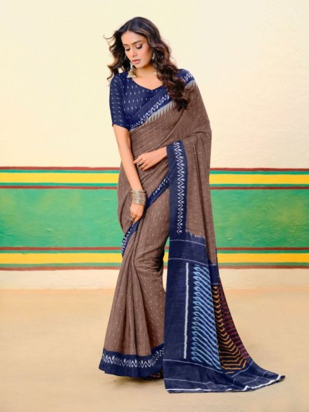 Affordable Soft Cotton Mill Ikkat Print Sarees with Plain Blouse  Sarees 