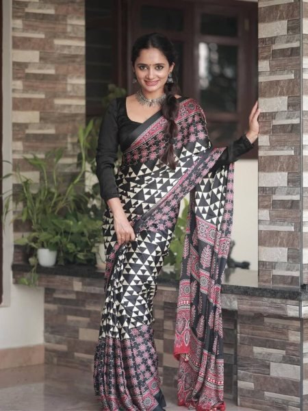 ajrakh printed japan silk saree designer festive wear with unstitched blouse Sarees 