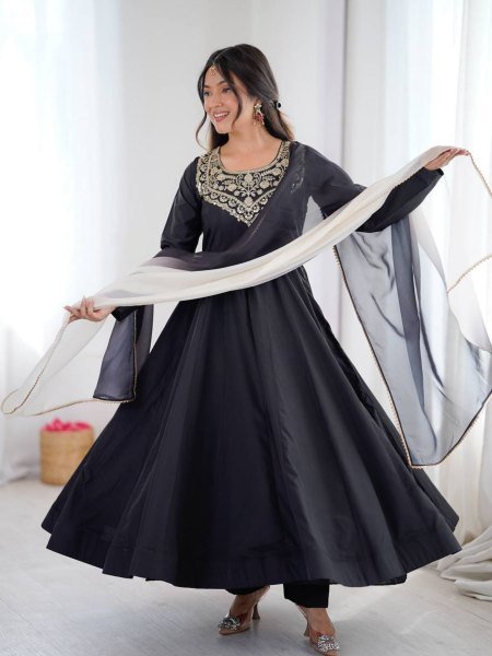 Alluring French Crepe Embroidered Gown with Organza Lace Dupatta   Stitched Pant for Party Wear Kurtis