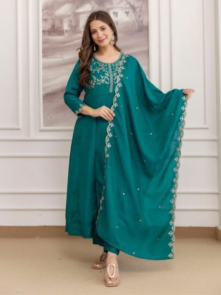 Alluring Rama Color Vichitra Silk Embroidered Anarkali Suit with Matching Dupatta for Festive Wear 