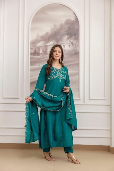 Alluring Rama Color Vichitra Silk Embroidered Anarkali Suit with Matching Dupatta for Festive Wear Anarkali Kurtis 