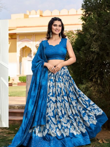 Alluring Royal Blue Floral Printed Tussar Silk Lehenga Choli for Festival Wear 