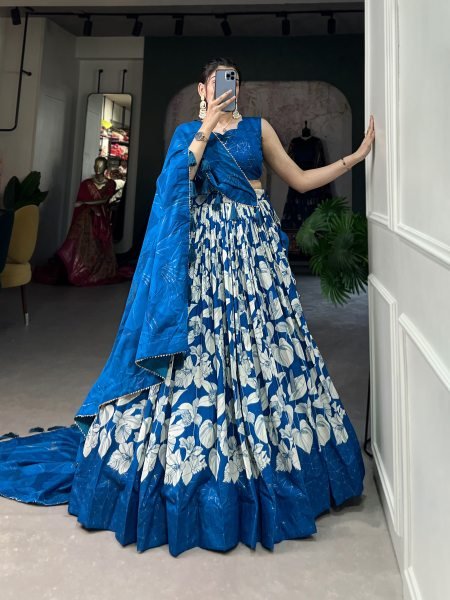 Alluring Royal Blue Floral Printed Tussar Silk Lehenga Choli for Festival Wear Designer Lehenga Choli