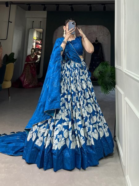 Alluring Royal Blue Floral Printed Tussar Silk Lehenga Choli for Festival Wear Designer Lehenga Choli