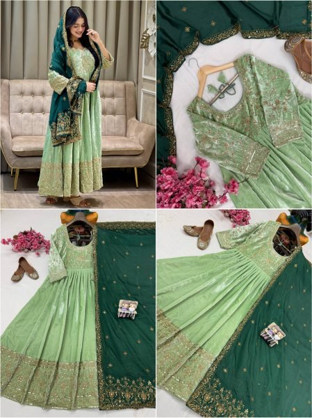 Alluring Velvet Embroidered Sequins Zari Gown with 3 Meter Flair and Dupatta Exporters Kurti With Dupatta Wholesale