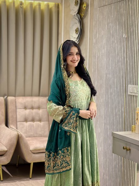 Alluring Velvet Embroidered Sequins Zari Gown with 3 Meter Flair and Dupatta Exporters Kurti With Dupatta Wholesale