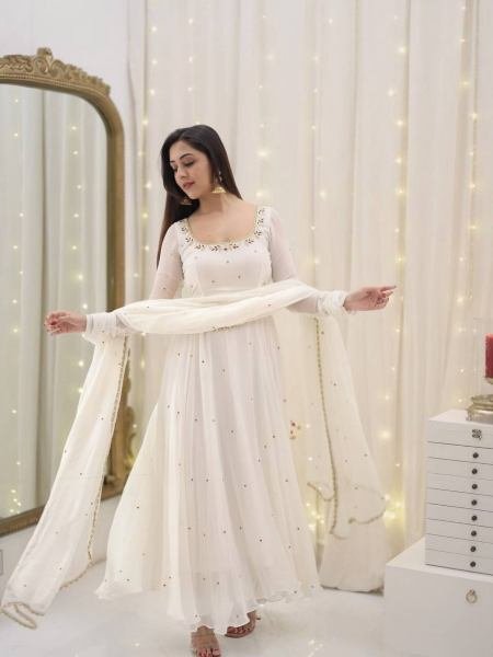 Anarkali Style White Georgette Gown with Sequence Embroidery & Dupatta for Women Ready To Wear Collection