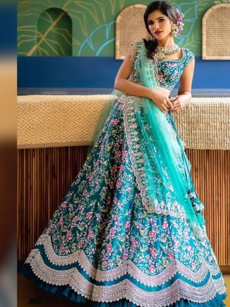 Aqua blue colour Embroidered Attractive Party Wear Silk Lehenga choli Designer Lehenga Choli