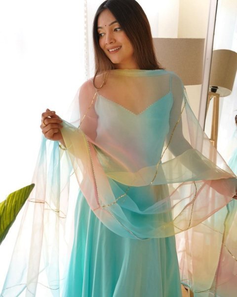 Aqua Blue Designer Chinon Gown With Organza Silk Dupatta Kurti With Dupatta Wholesale