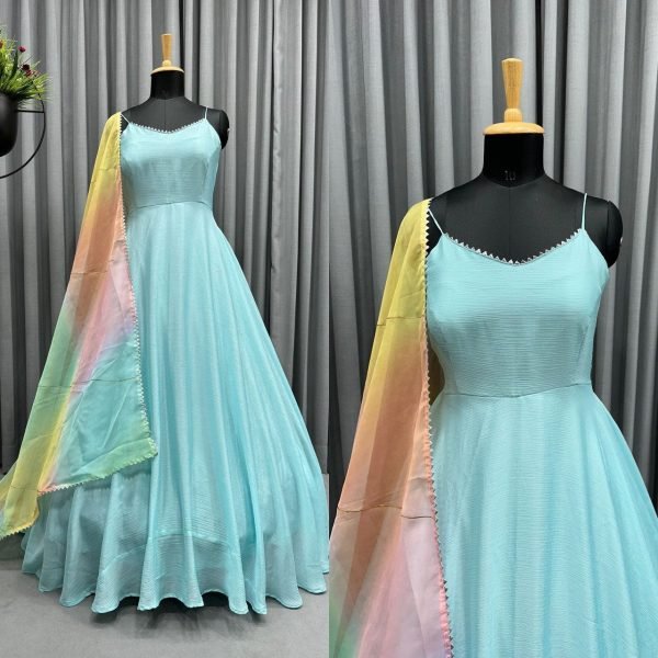 Aqua Blue Designer Chinon Gown With Organza Silk Dupatta Kurti With Dupatta Wholesale