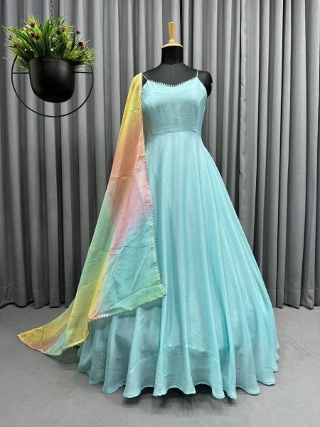 Aqua Blue Designer Chinon Gown With Organza Silk Dupatta Kurti With Dupatta Wholesale